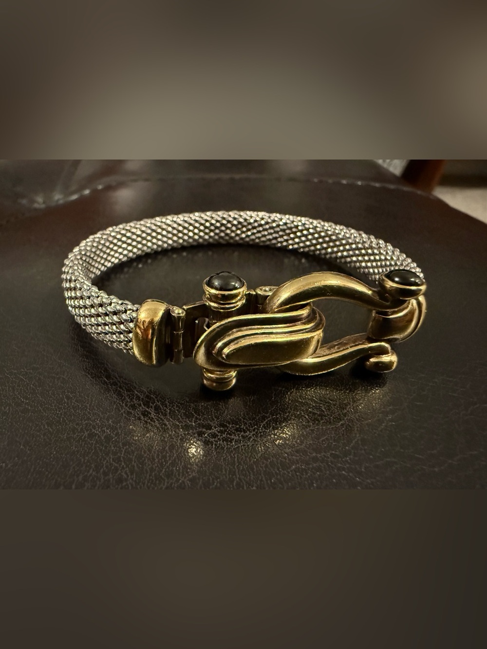 gold & 925 Silver horsebit  popcorn vintage Bracelet w/ Black onyx
